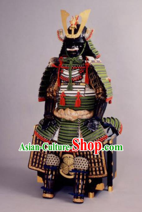 Japanese Traditional General Green Body Armor Outfits Ancient Film Warrior Shogun Armour Costumes and Helmet for Men