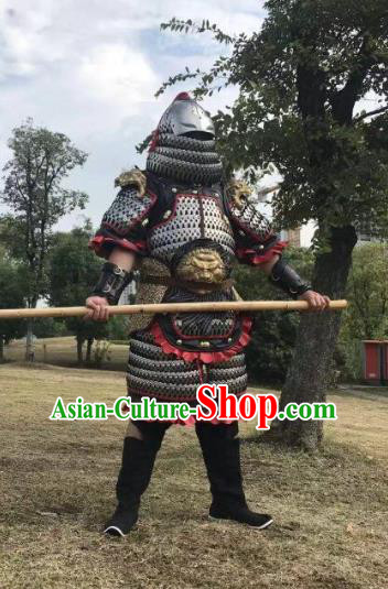 Traditional Chinese Jin Dynasty General Body Armor Outfits Ancient Film Military Officer Iron Armour Costumes and Helmet for Men