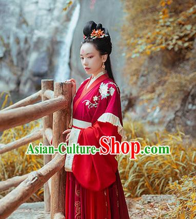 Chinese Ancient Noble Princess Red Hanfu Garment Costumes Jin Dynasty Palace Lady Wedding Half Sleeved Top Blouse and Skirt Full Set