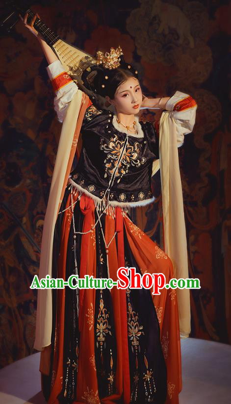 Chinese Ancient Tang Dynasty Royal Princess Embroidered Hanfu Black Half Sleeved Garment Blouse and Skirt Costumes Complete Set for Women