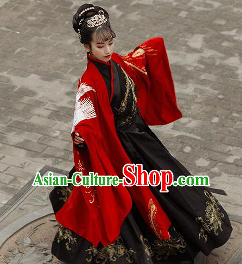 Chinese Ancient Jin Dynasty Empress Costumes Traditional Hanfu Garment Embroidered Red Cape Blouse and Skirt Complete Set