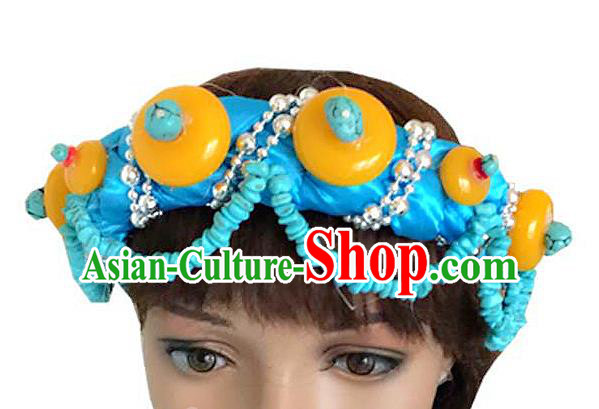 Chinese Traditional Tibetan Nationality Blue Hair Clasp Decoration Handmade Zang Ethnic Stage Show Headdress Hair Accessories for Women