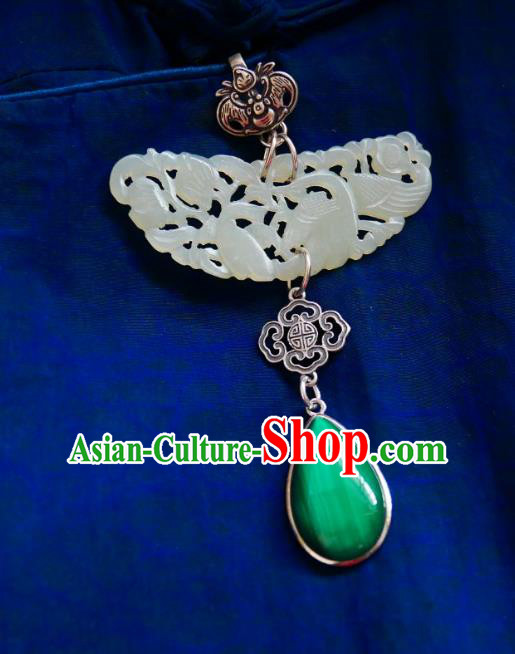 Chinese Classical Cheongsam Jade Brooch Traditional Hanfu Accessories Handmade Silver Bat Breastpin Pendant for Women