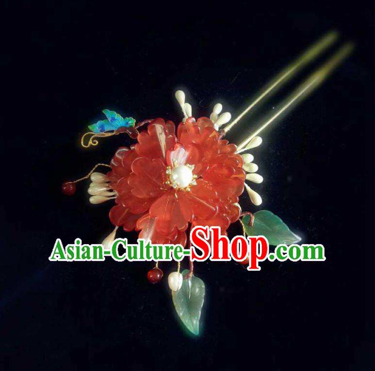 Handmade Chinese Red Peony Hairpins Traditional Hanfu Hair Accessories Ancient Court Hair Clip for Women
