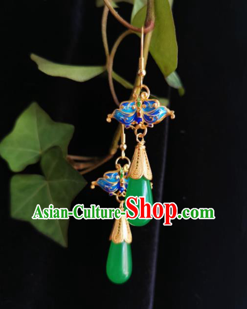 Chinese Handmade Court Jade Earrings Traditional Hanfu Ear Jewelry Accessories Classical Cloisonne Butterfly Eardrop for Women