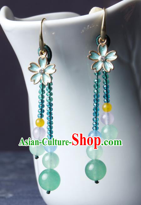 Traditional Chinese Long Bead Tassel Ear Accessories Handmade Eardrop National Cheongsam Sakura Earrings for Women