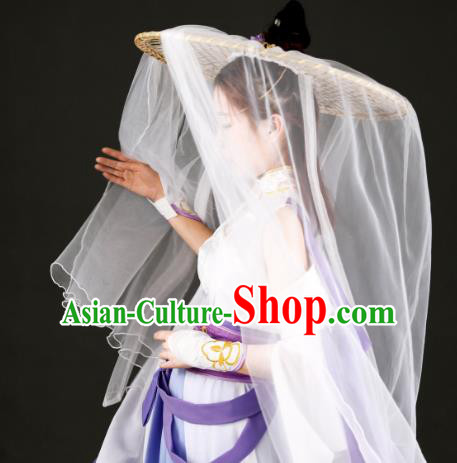 Chinese Traditional Ancient Princess Headwear Handmade Hanfu Female Swordsman White Veil Bamboo Hat