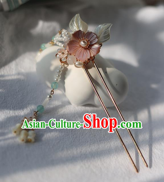 Handmade Chinese Pink Shell Plum Hair Claws Traditional Classical Hanfu Hair Accessories Ancient Princess Pearls Tassel Hairpins for Women