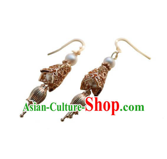Traditional Chinese Handmade Golden Earrings Ancient Hanfu Court Ear Accessories for Women