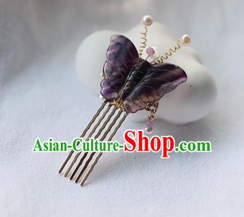 Handmade Chinese Purple Butterfly Hair Comb Traditional Classical Hanfu Hair Accessories Ancient Princess Hairpins for Women