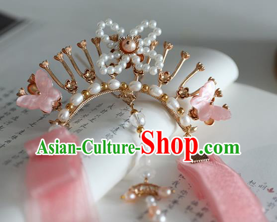 Handmade Chinese Classical Pearls Hairpins Traditional Hair Accessories Ancient Hanfu Pink Ribbon Hair Claw for Women