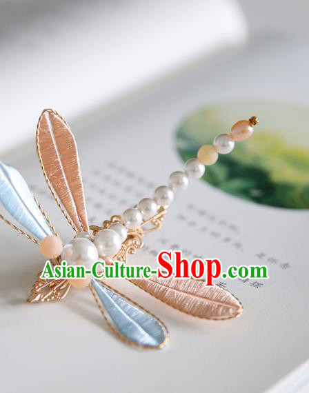 Handmade Chinese Classical Pearls Hairpins Traditional Hair Accessories Ancient Hanfu Pink Silk Dragonfly Hair Claw for Women
