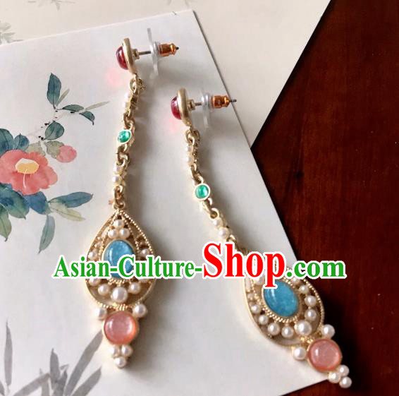 Chinese Handmade Hanfu Tang Dynasty Earrings Traditional Ear Jewelry Accessories Classical Gems Golden Eardrop for Women