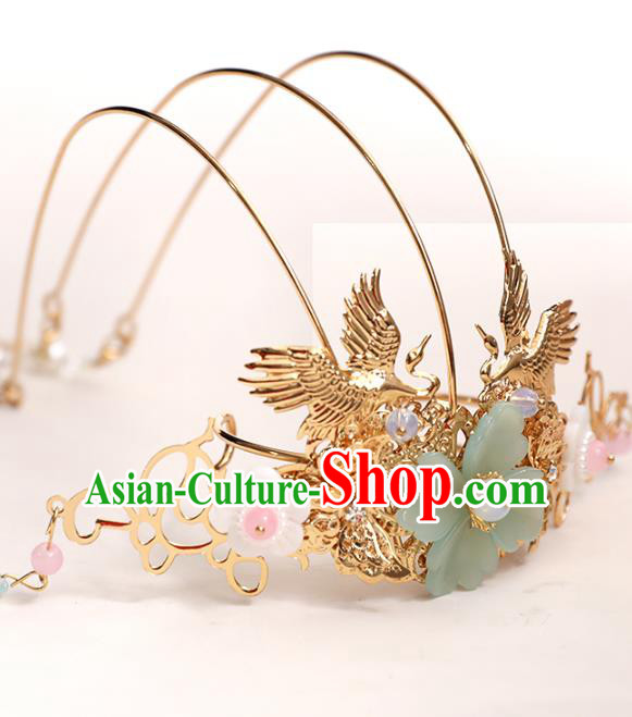 Chinese Classical Wedding Hair Crown Traditional Bride Hair Accessories Handmade Hanfu Golden Crane Tassel Phoenix Coronet