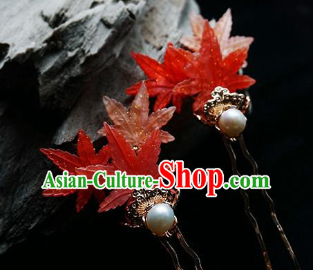 Handmade Chinese Classical Red Maple Leaf Hair Clip Traditional Hair Accessories Ancient Hanfu Pearl Hairpins for Women