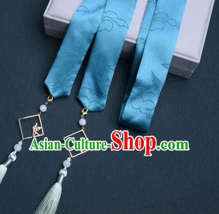 Chinese Traditional Hanfu Blue Silk Hairband Hair Accessories Handmade Hair Rope Tassel Hair Clasp for Women