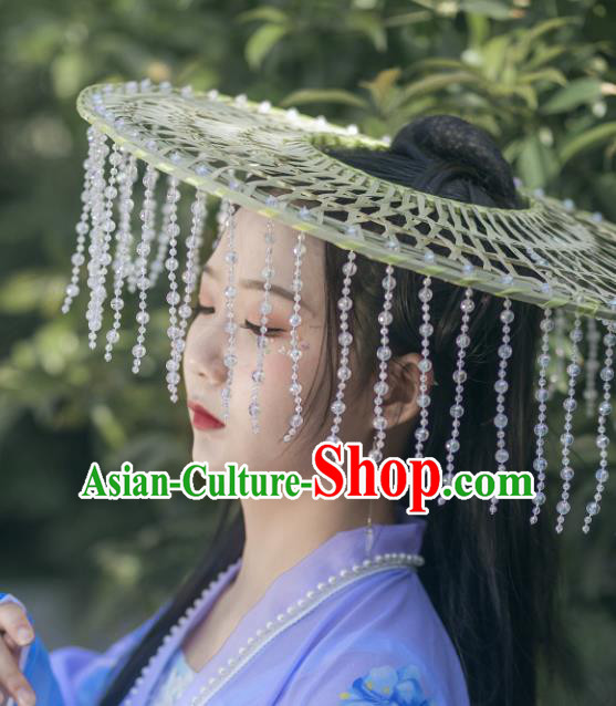 Chinese Traditional Ancient Hanfu Tassel Hat Headwear Handmade Ming Dynasty Female Swordsman Bamboo Hat for Women