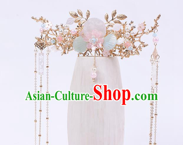 Chinese Classical Wedding Shell Hair Crown Handmade Traditional Bride Hair Accessories Golden Tassel Phoenix Coronet