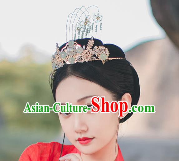 Chinese Classical Green Flowers Hair Crown Handmade Traditional Court Hair Accessories Golden Tassel Phoenix Coronet