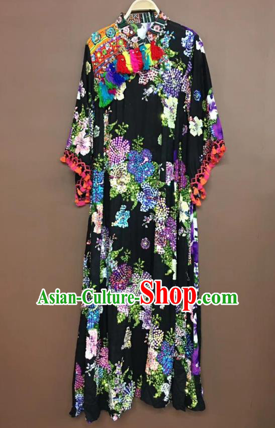 Thailand Traditional Embroidered Beads Purple Flowers Dress Asian Thai National Beach Dress Photography Costumes for Women