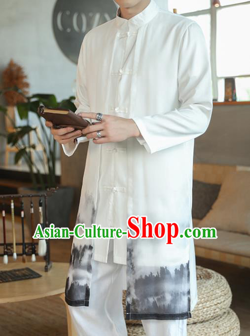 Chinese Traditional Ink Painting Chiffon Dust Coat Tang Suit Overcoat Costumes Outer Garment for Men
