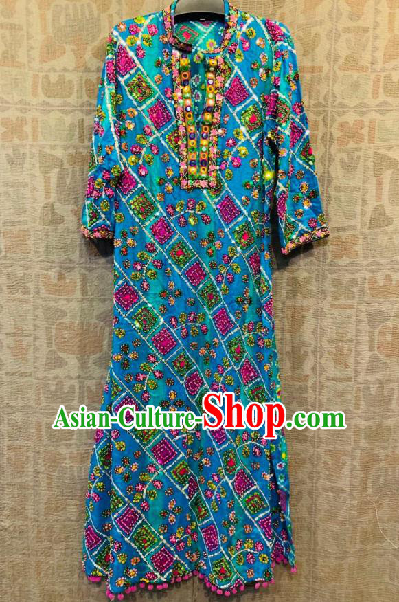 Blue Thailand Traditional Embroidered Beads Dress Asian Thai Photography National Beach Dress Sequins Costumes for Women