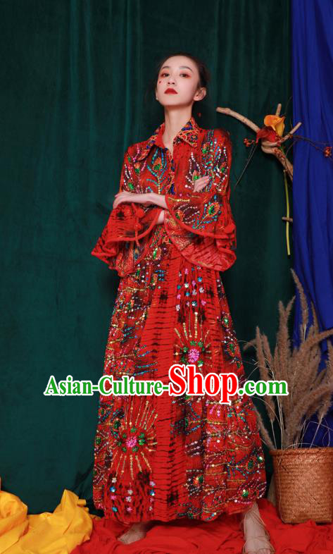 Thailand Traditional Embroidery Beads Red Dress Photography Informal Costumes for Women