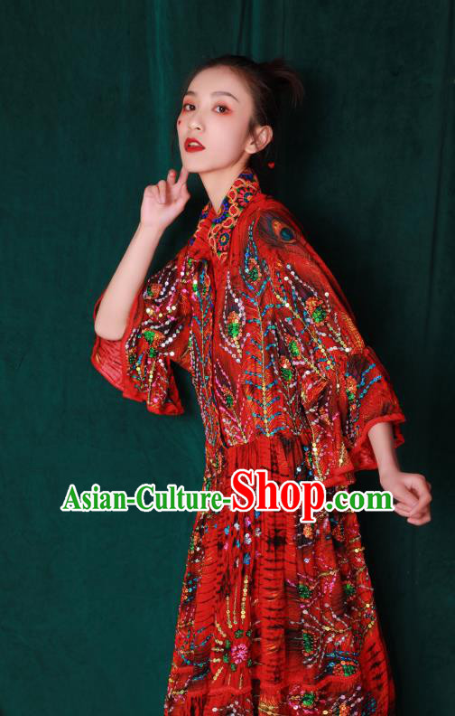Thailand Traditional Embroidery Beads Red Dress Photography Informal Costumes for Women