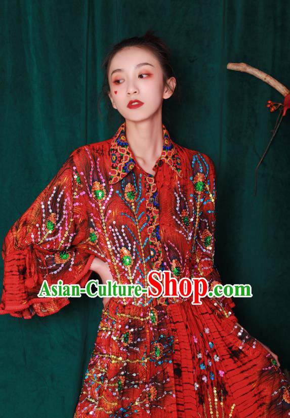 Thailand Traditional Embroidery Beads Red Dress Photography Informal Costumes for Women