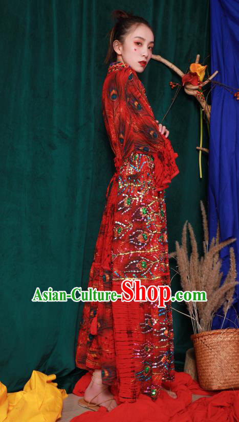 Thailand Traditional Embroidery Beads Red Dress Photography Informal Costumes for Women