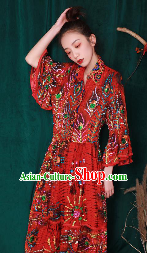 Thailand Traditional Embroidery Beads Red Dress Photography Informal Costumes for Women