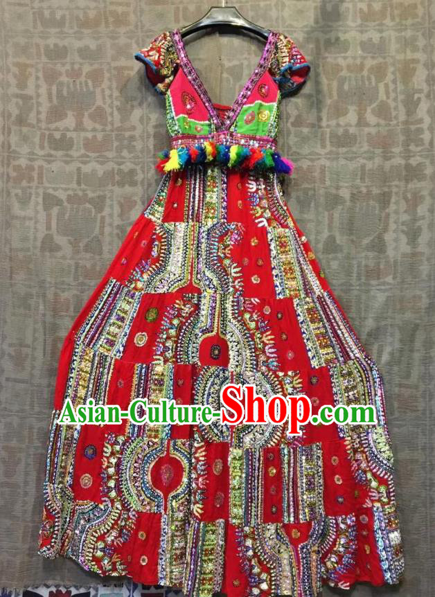 Thailand Traditional Handmade Sequins Red Dress Photography Asian Thai National Embroidered Beach Costumes for Women