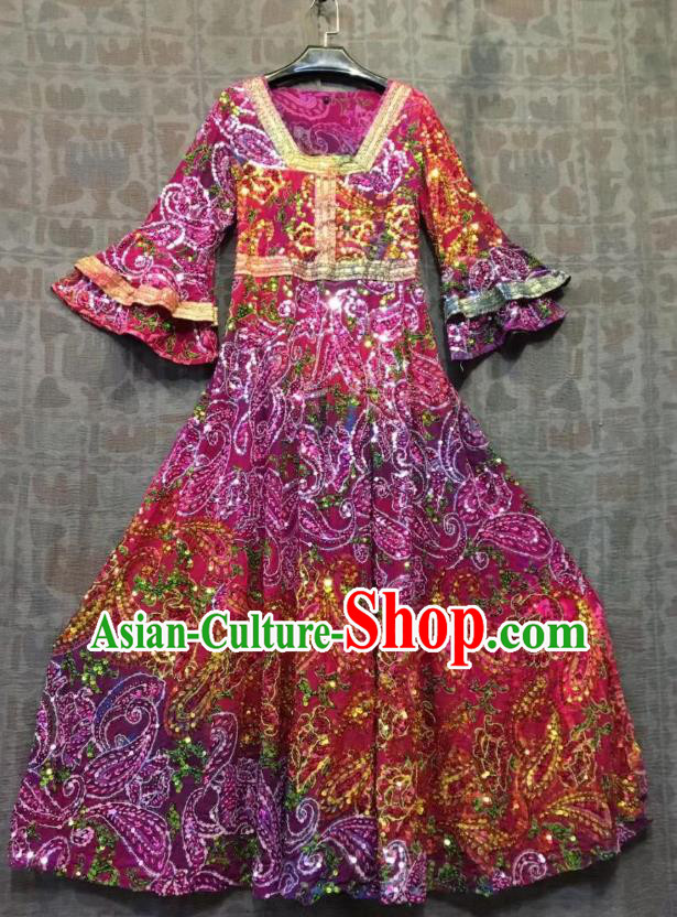 Thailand Traditional Embroidered Beads Amaranth Dress Photography Asian Thai National Beach Dress Sequins Costumes for Women