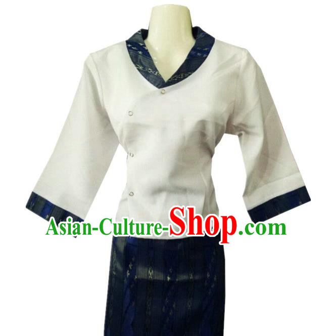 Chinese Dai Nationality Costumes Traditional Dai Ethnic Work White Blouse and Navy Skirt Outfits for Women