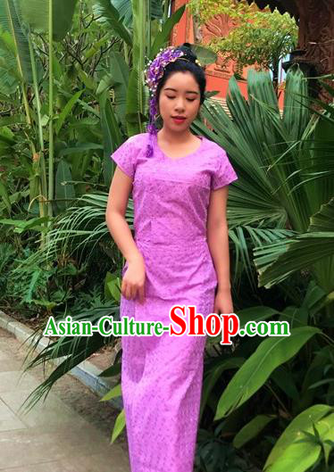 Chinese Dai Nationality Dance Costumes Traditional Dai Ethnic Lilac Blouse and Straight Skirt Full Set for Women