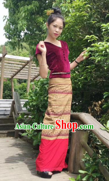 Chinese Dai Nationality Fashion Costumes Traditional Dai Ethnic Wine Red Velvet Blouse and Straight Skirt Outfits