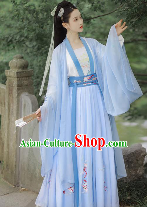 Chinese Tang Dynasty Costumes Ancient Noble Lady Embroidered Blue Cape Blouse and Skirt Traditional Hanfu Apparels