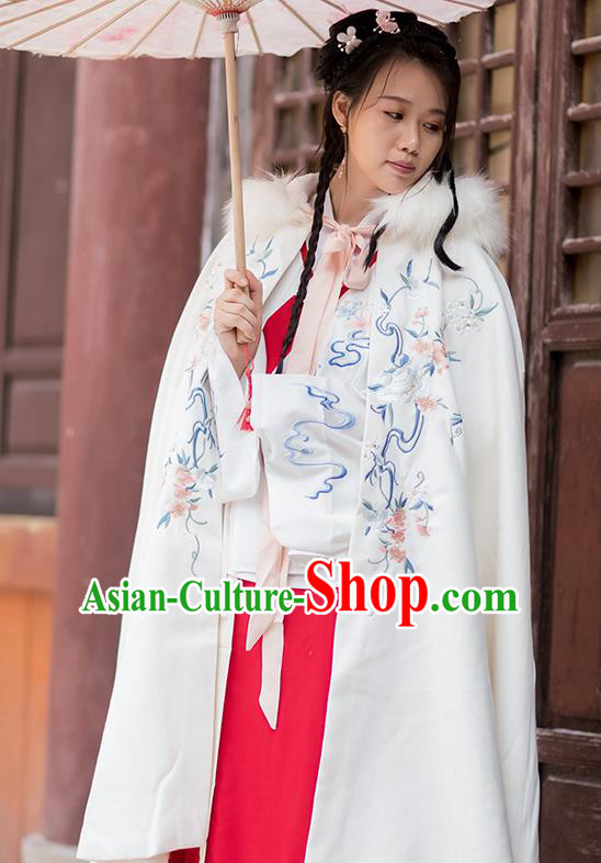 Chinese Ming Dynasty Embroidered White Hooded Cloak Costumes Traditional Ancient Hanfu Garment Winter Woolen Cape for Women