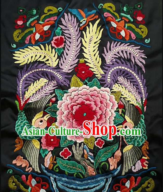 Chinese Traditional Embroidered Pink Peony Fabric Patches Handmade Embroidery Craft Miao Ethnic Accessories Embroidering Green Phoenix Applique