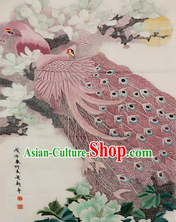 Chinese Traditional Embroidered Pink Peacock Decorative Painting Handmade Embroidery Craft Embroidering Yulan Magnolia Cloth Picture