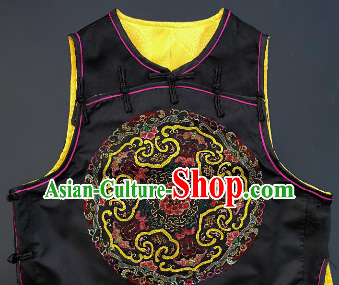 Chinese Traditional Embroidered Bats Vest Handmade Embroidery Costume Tang Suit Black Silk Waistcoat for Adult