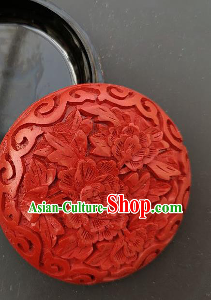 Chinese Traditional Handmade Carving Peony Flower Red Lacquer Rouge Box Lacquerware Craft Inkpad Box