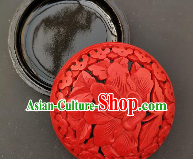 Chinese Handmade Carving Peony Flower Red Lacquer Rouge Box Traditional Lacquerware Craft Inkpad Box