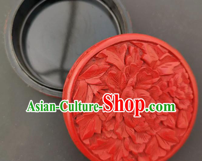Chinese Handmade Carving Peony Lacquer Rouge Box Traditional Lacquerware Craft Red Inkpad Box
