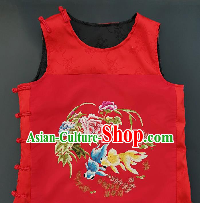 Chinese Traditional Embroidered Goldfish Peony Vest Handmade Embroidery Costume Tang Suit Red Silk Waistcoat for Women