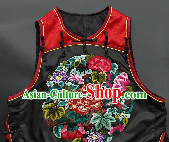 Chinese Traditional Embroidered Peony Vest Handmade Embroidery Costume Tang Suit Silk Waistcoat for Women