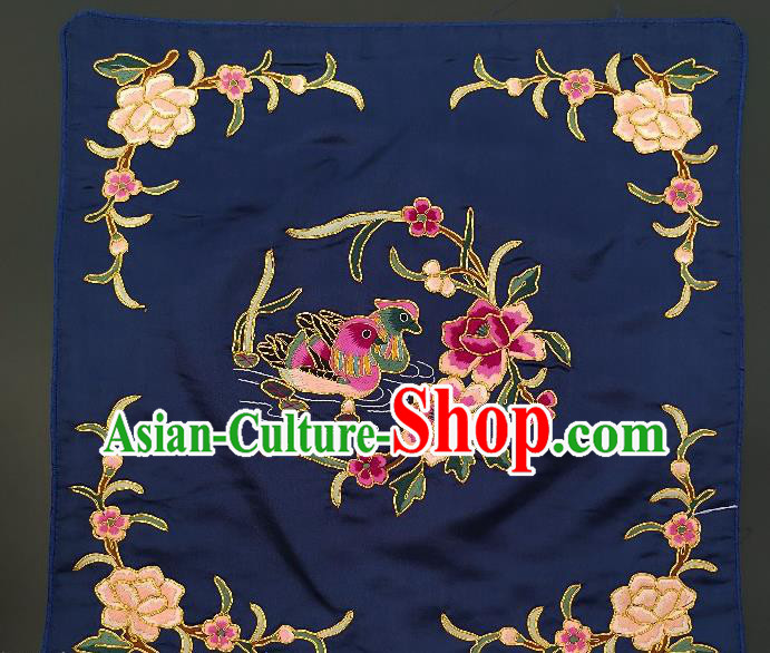 Chinese Traditional Embroidered Peony Mandarin Duck Fabric Patches Handmade Embroidery Craft Embroidering Navy Silk Applique Cushion Accessories