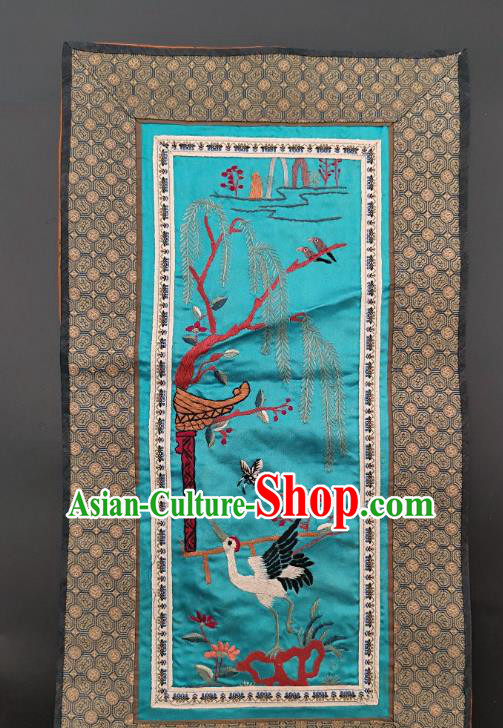 Chinese Traditional Embroidered Crane Picture Handmade Embroidery Craft Embroidering Blue Silk Decorative Painting