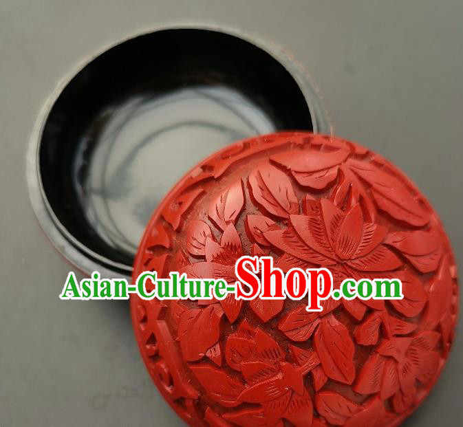 Chinese Traditional Handmade Carving Lotus Rouge Box Red Lacquerware Craft Inkpad Box