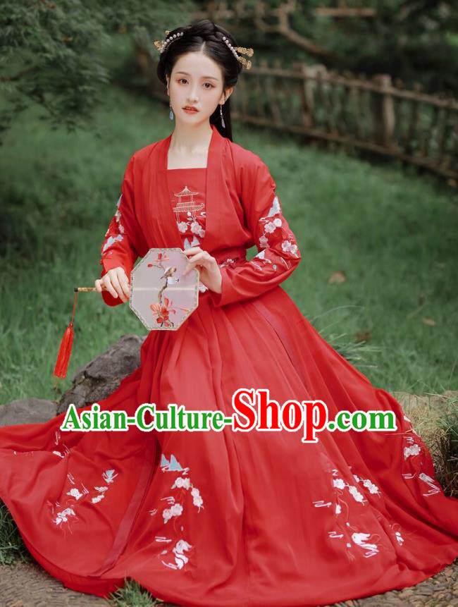 Chinese Tang Dynasty Embroidered Costumes Traditional Ancient Princess Hanfu Garment Red Cloak Blouse and Skirt for Women